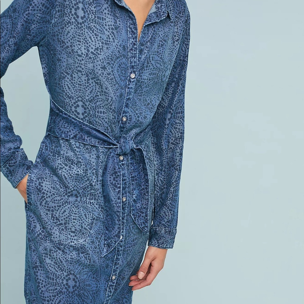 Anthropologie cloth & stone Blue Printed Long Sleeve Tie-Waist Shirt Dress